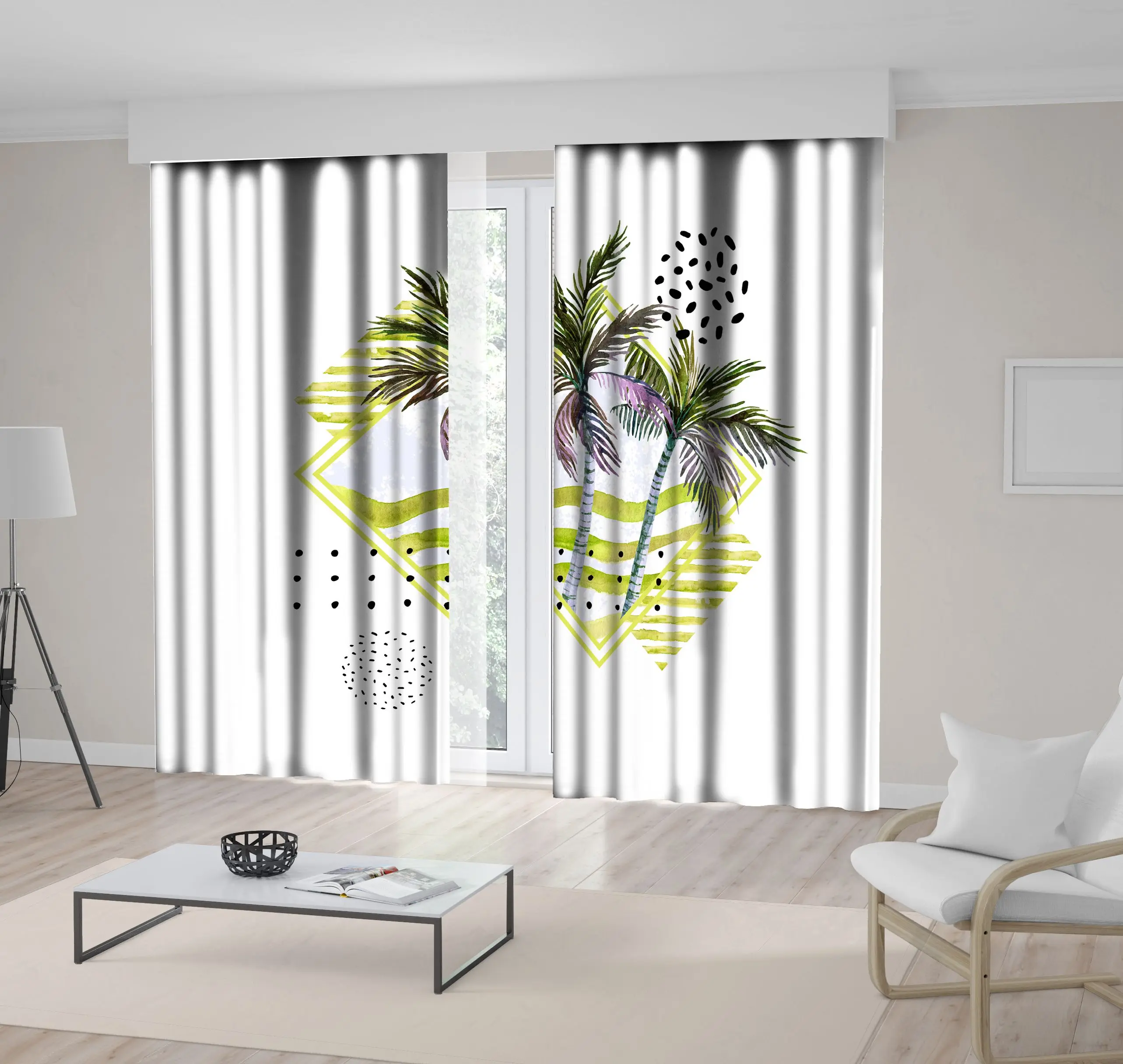 

Curtain Sea Waves Tropical Palm Trees Leaves Seagulls Birds and Geometric Shapes Watercolor Artwork Green White Black