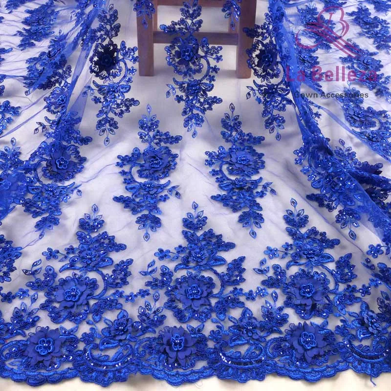 Blue La Belleza Ручной работы синий, красный 3D Цветы/бисером свадебное/вечернее платье кружевной ткани 4" Ширина 1 ярд - Цвет: Blue