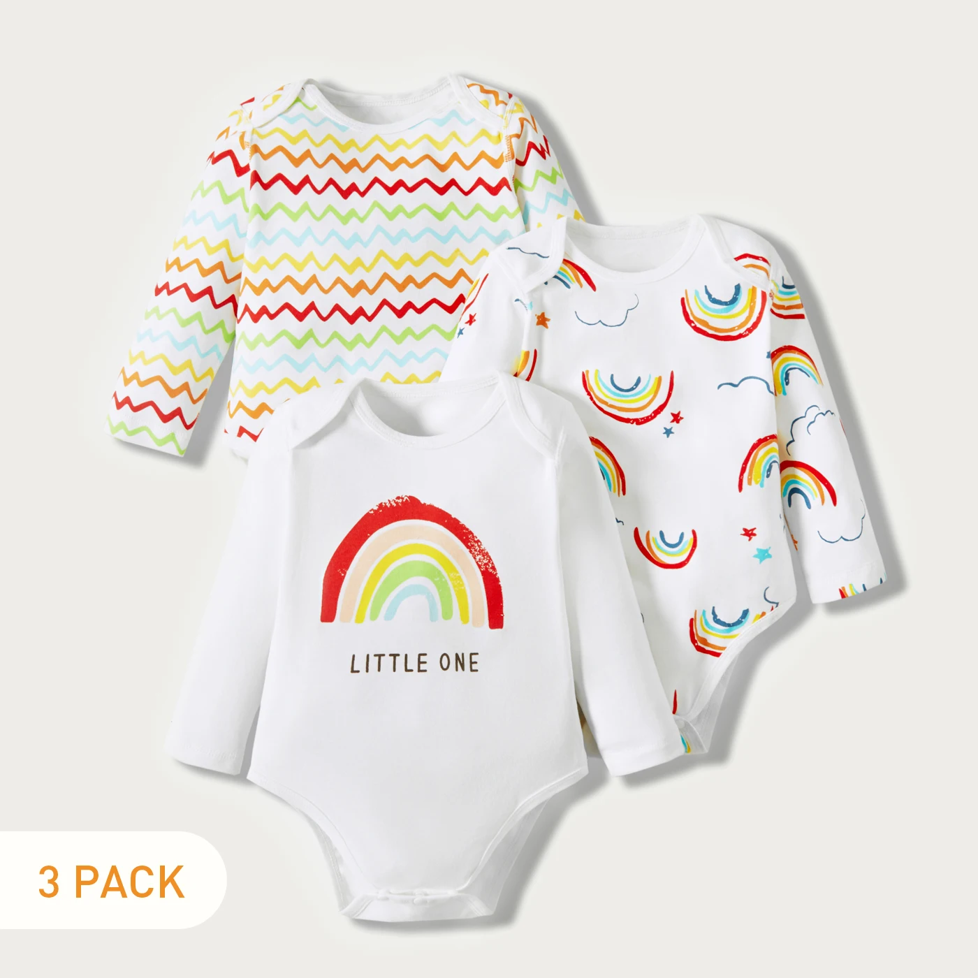 

PatPat 100% Cotton 3pcs Rainbow Stripe Print White Long-sleeve Rompers Set