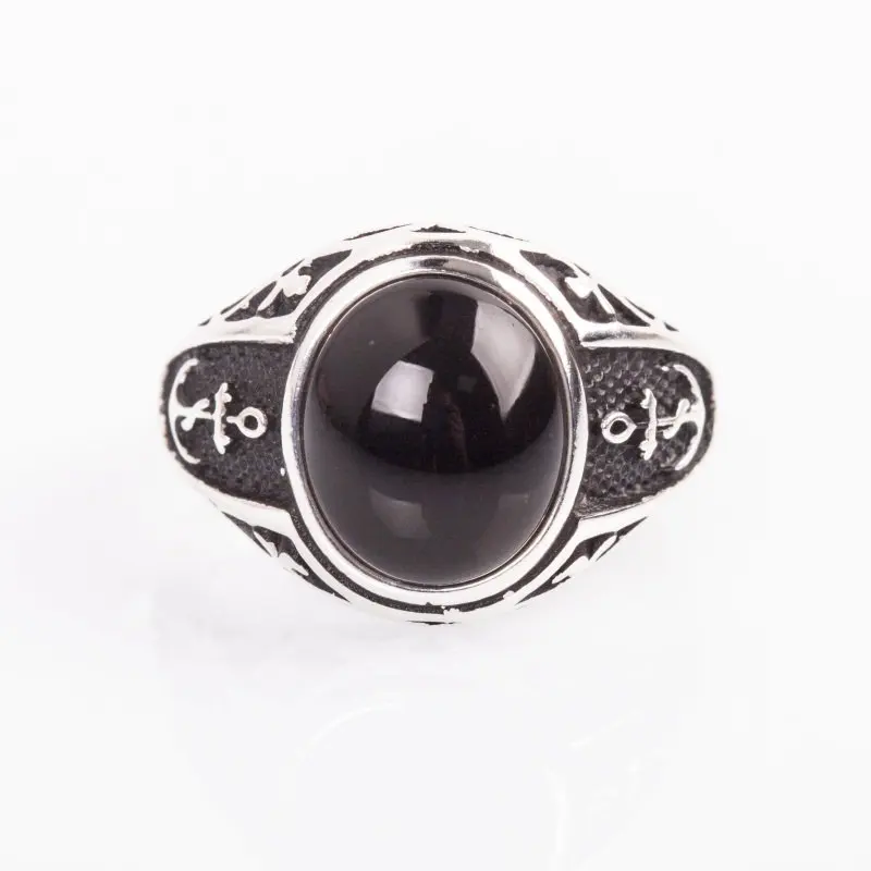 

925 Sterling Black Onyx Stone Anchor Patterned Silver Ring Fashion Turkish Premium Quality Handmade Jawelery