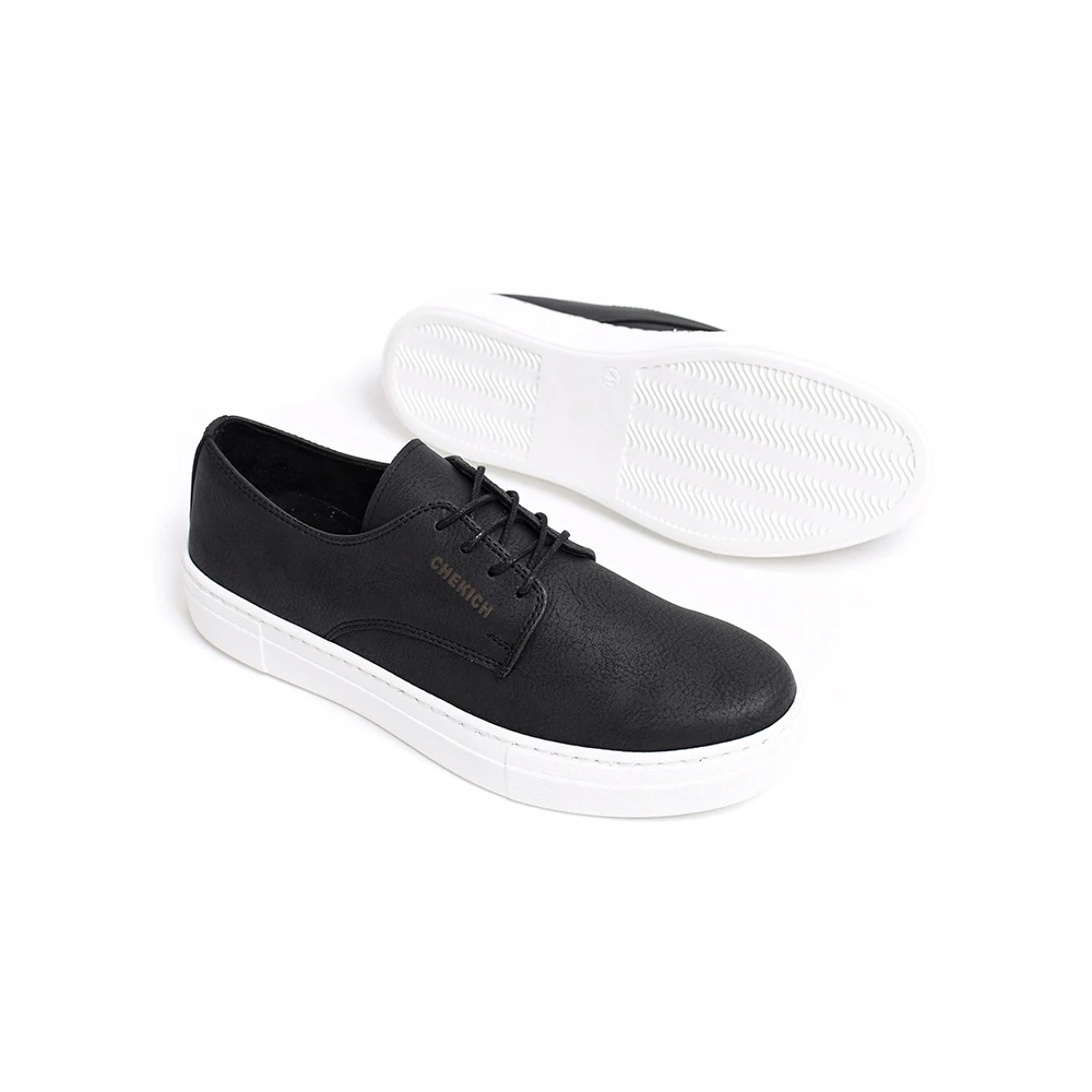 Chekich Lace-up Orthopedic Womens Girls Shoes White Sole Black Color Odorless Vegan Eco-Friendly Artificial Leather Flat CH061