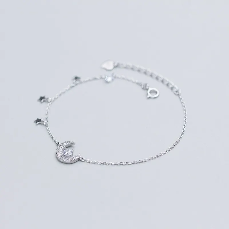 

A00837 Jazaz Hot Sale Cute Micro CZ Moon Star Charm Bracelets for Women Genuine 925 Sterling Silver Fine Jewelry Drop Shipping