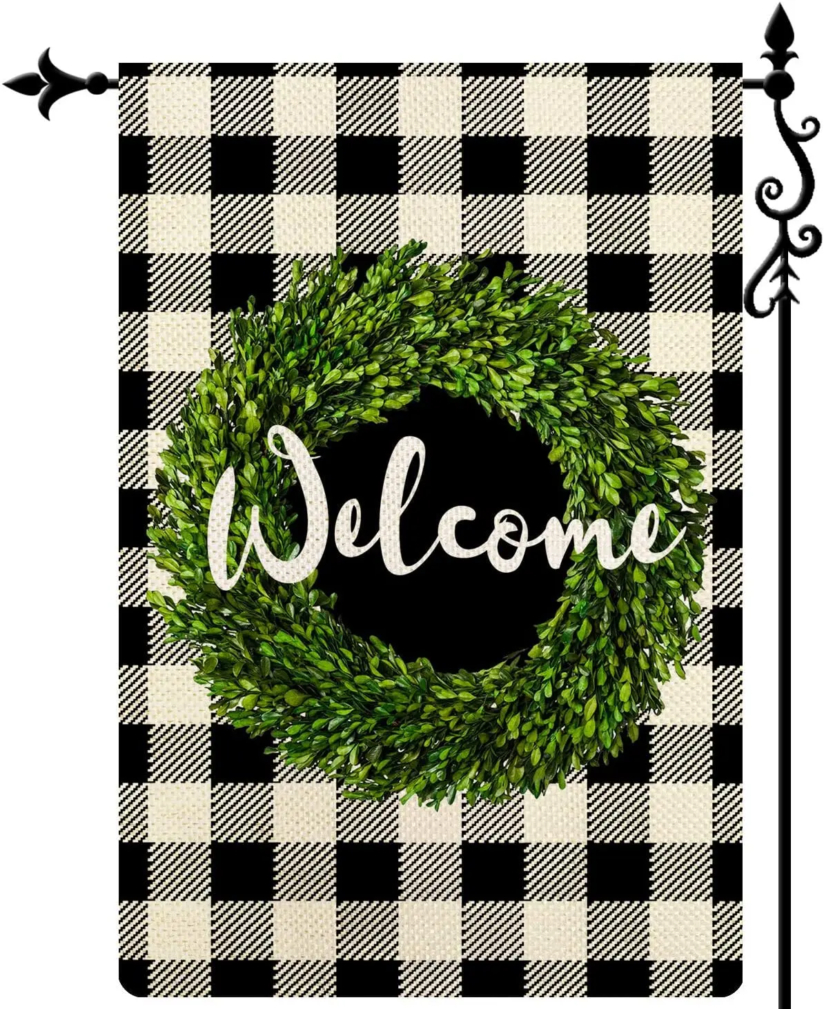 Добро пожаловать Садовый флаг венок из самшита двухсторонний в черно-белую