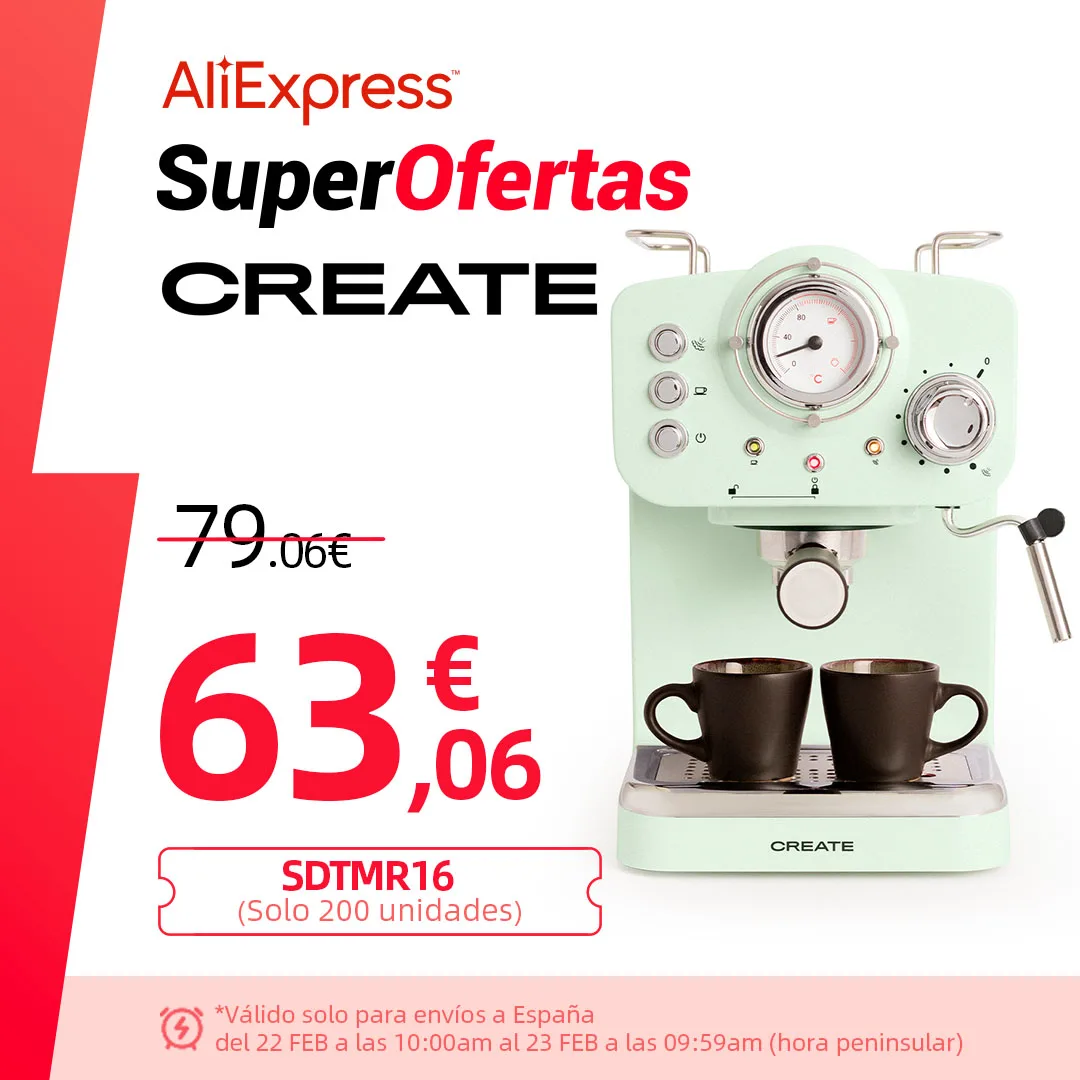 CREATE - THERA MATT RETRO - Cafetera Express para Espresso y Cappucino, 1100W, 15 Bares, Vaporizador, 1.25l, Café Molido y Monodosis, Con Doble Salida, Electrica, Cafe Expresso
