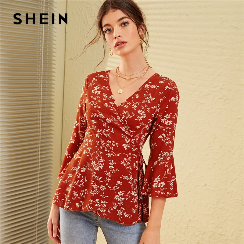 SHEIN V шеи Ditsy цветочный принт Узелок Бохо Вязаная блуза с запахом женские топы осенний праздничный рукав-Волан дамские облегающие блузки