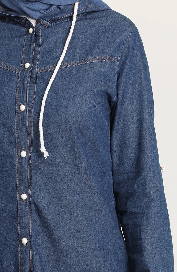 

Hooded Denim Tunic Buttoned Unlined Straight Long Sleeve Zero Collar Seasonal Women Muslim Fashion Hijab Clothing Fit Stylish