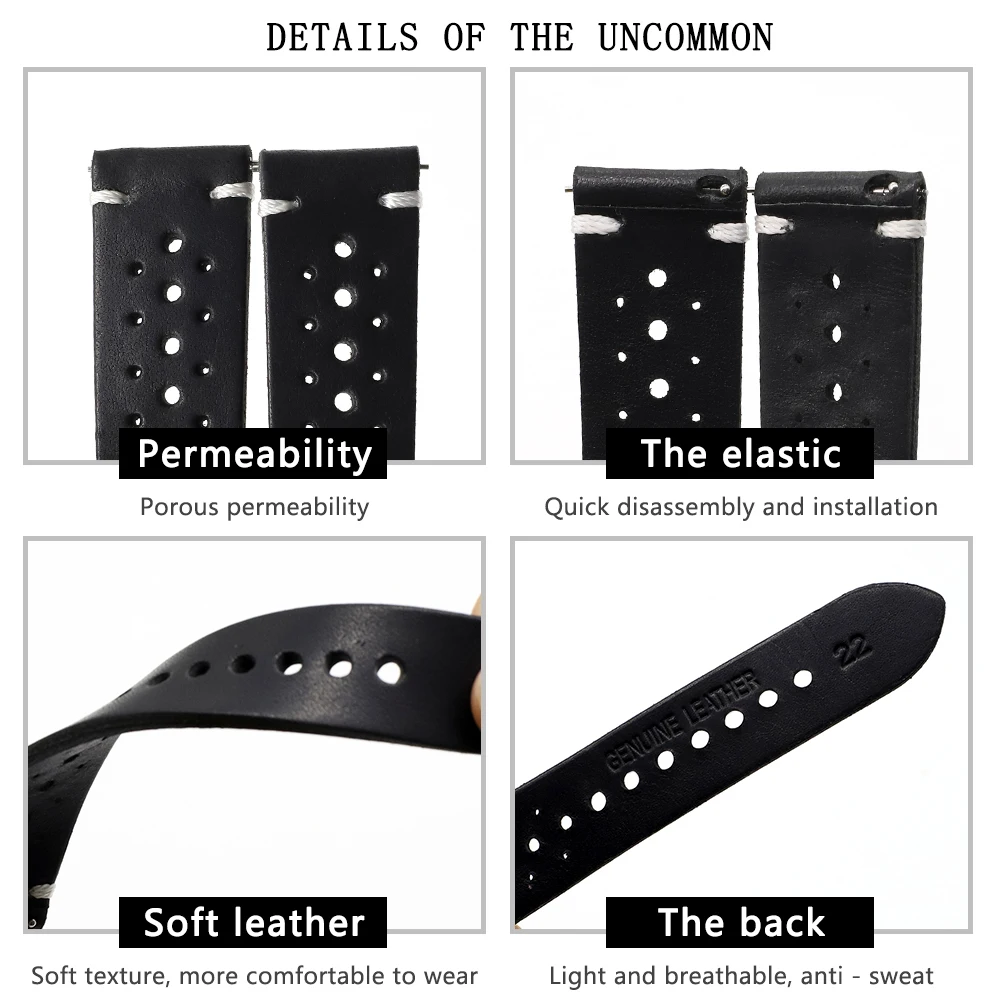 Genuine Leather Watch Band Black Brown Coffee Color Rally Watch Strap Replacement Watchbands 18mm 20mm 22mm