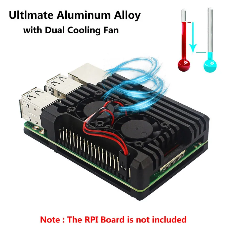 Алюминиевый корпус для Raspberry Pi 4/3 с двойным охлаждающим вентилятором