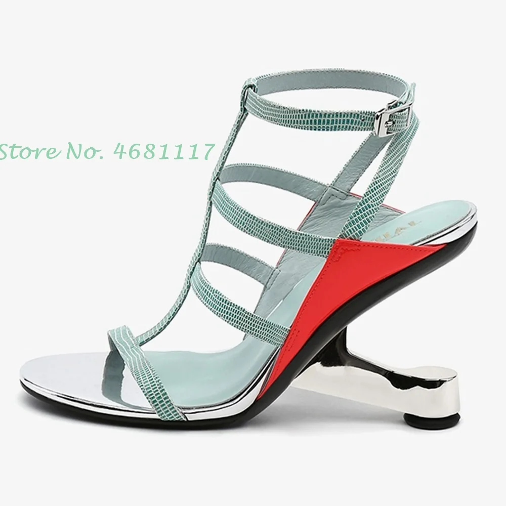

Summer T-Strap Strange Heels Sandals 2022 Women High Heels Gladiator Sandals Brand Open Toe Mixed Colors Designer Party Sandals