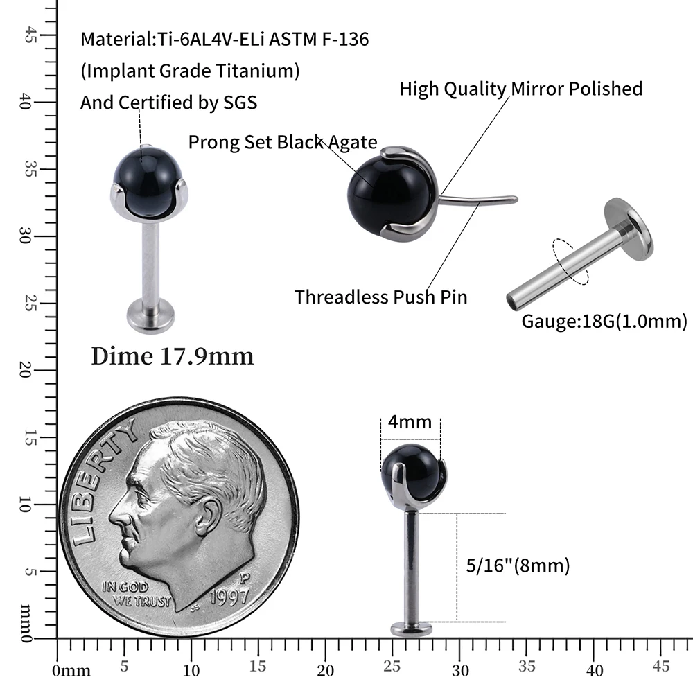 Правый большой имплантат класса титана 18 г Черный агат камни Безрезьбовой губы