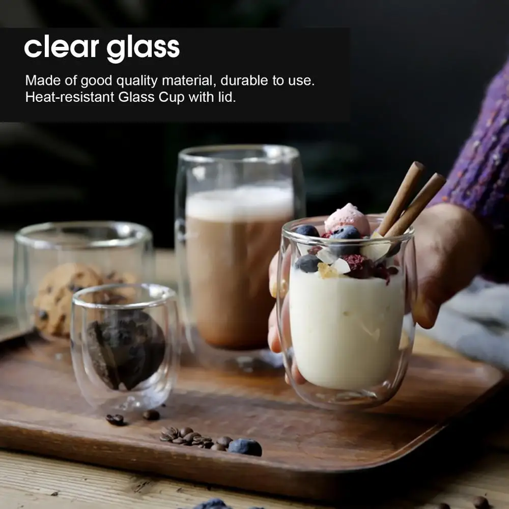 Термостойкая двухслойная стеклянная чашка с бамбуковой крышкой пивная кофейная