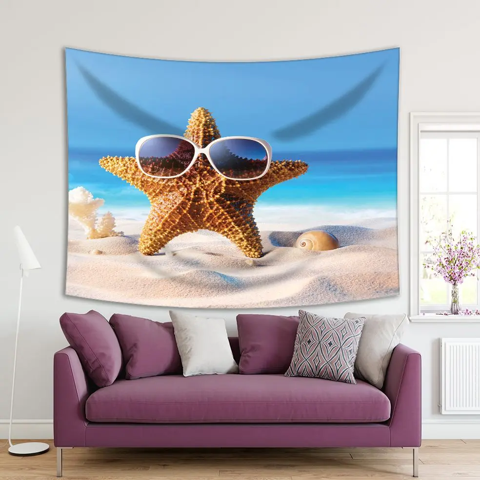 

Tapestry Starfish With Sunglasses on Sand Sunny Beach Summer Holidays Fun Decorating Photo Blue Beige