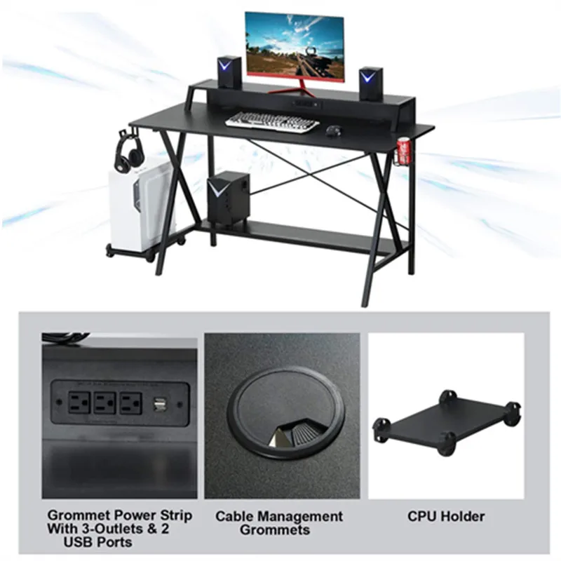 55" Ergonomic Gaming Desk E-sports Computer Table Power Strip with USB Cup Holder Headphone Hook Home Office Workstation | Мебель