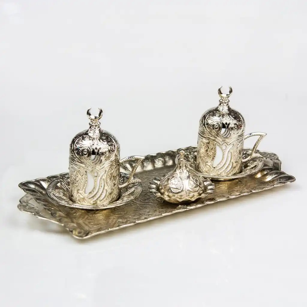 

2 Person Stainless Tarnish Turkish Coffee Cup Set With Traditional Metal Casting Pattern