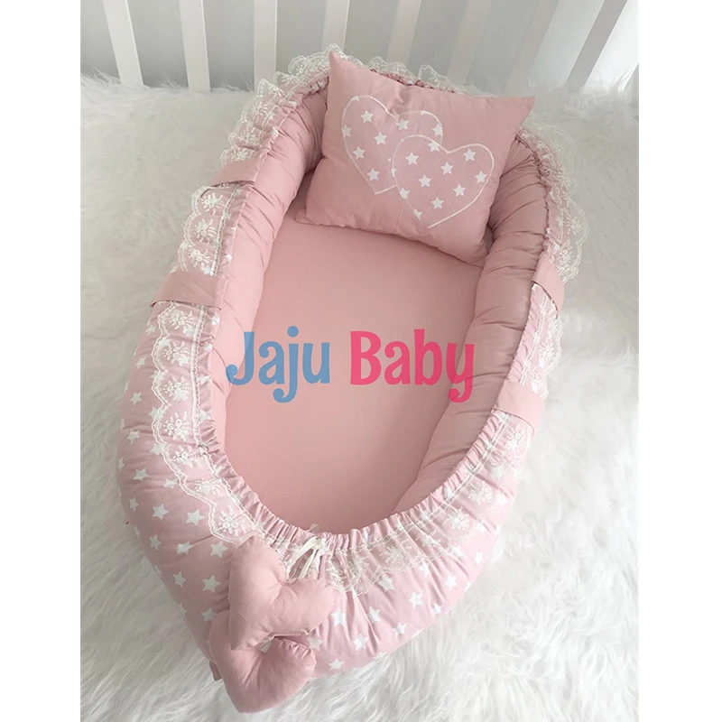 

Jaju Baby Handmade Powder Color Orthopedic Luxury Baby Nest Baby Bedding 100x60 Portable Crib Travel Bed Newborn Mother Side Bed