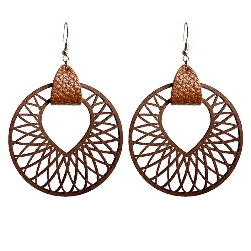 

Genuine Leather Wrap Engraved Laster Round Wood Mandala Statement Earrings Women Hollow Leaf Arrow Jewelry Gifts Wholesale