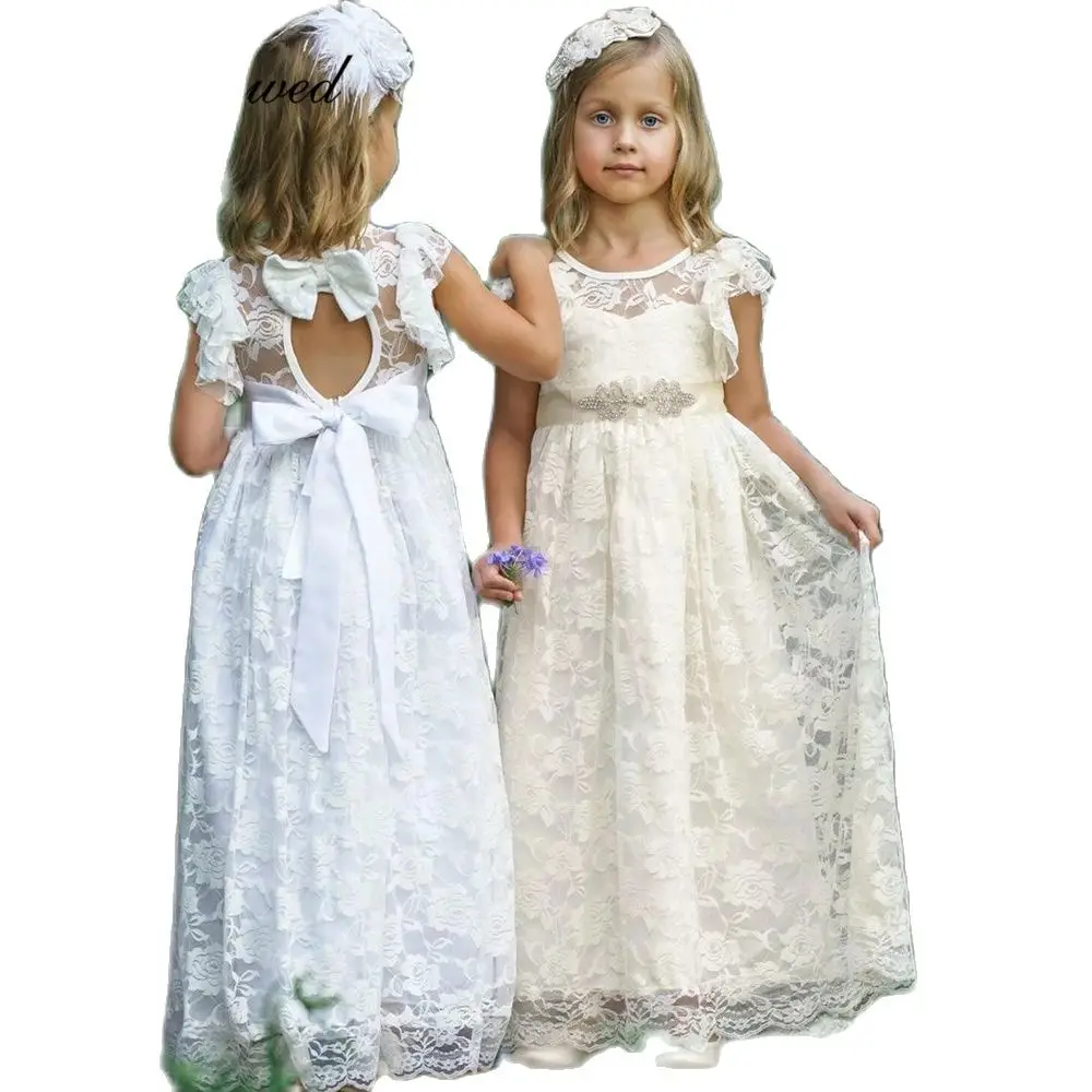 

Champagne Boho Lace Flower Girl Dresses O-Neck Long Girls Beach Wedding Party Dresses Beaded Belt Bow A-Line Communion Dress
