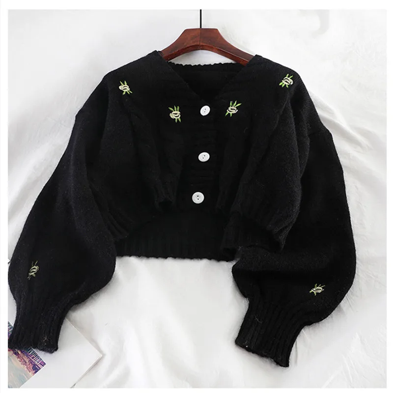 

2021 Preppy Style Flower Knit Cardigans Embroidery Sweater Women V Neck Loose Elegaht Thicked Pull Short Casual Coat Wholesales