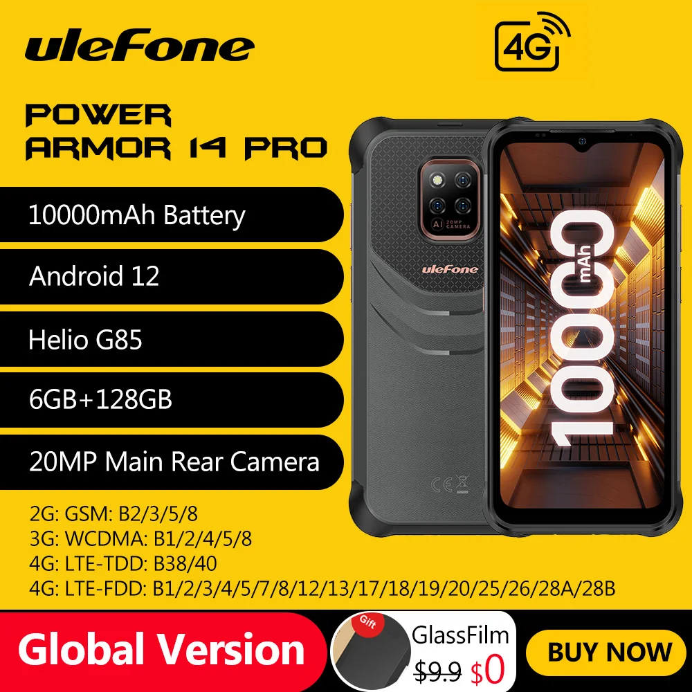 Rugged Phone Ulefone Power Armor 14 Pro 10000mAh Android 12 Mobile Phones NFC Global 6GB RAM 128GB ROM 2.4G/5G WLAN Smartphone
