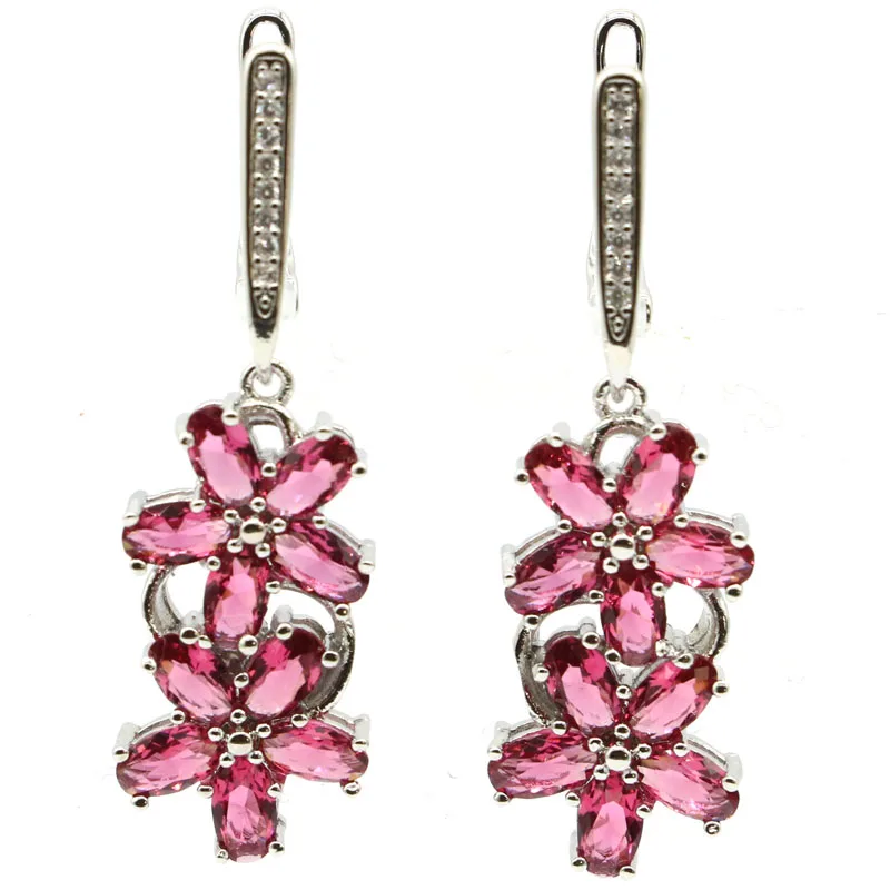 

38x12mm Jewelry Set Created White Bright Cubic Zircon Raspberry Rhodolite Garnet For Sister Dating Silver Pendant Earrings