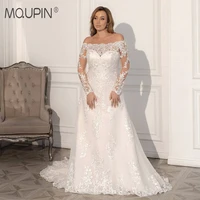 mqupin plus size lace bridal wedding dress elegant off shoulder long sleeves applique up sheath 2022 fashion