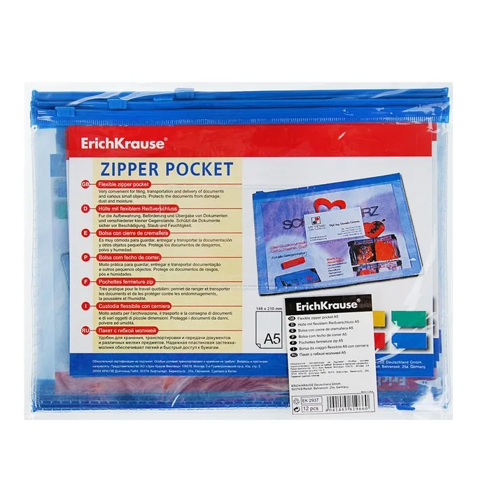 Folder envelope zip Zipper A5 140 um erichkrause PVC pocket up to 100 sheets clear mix |