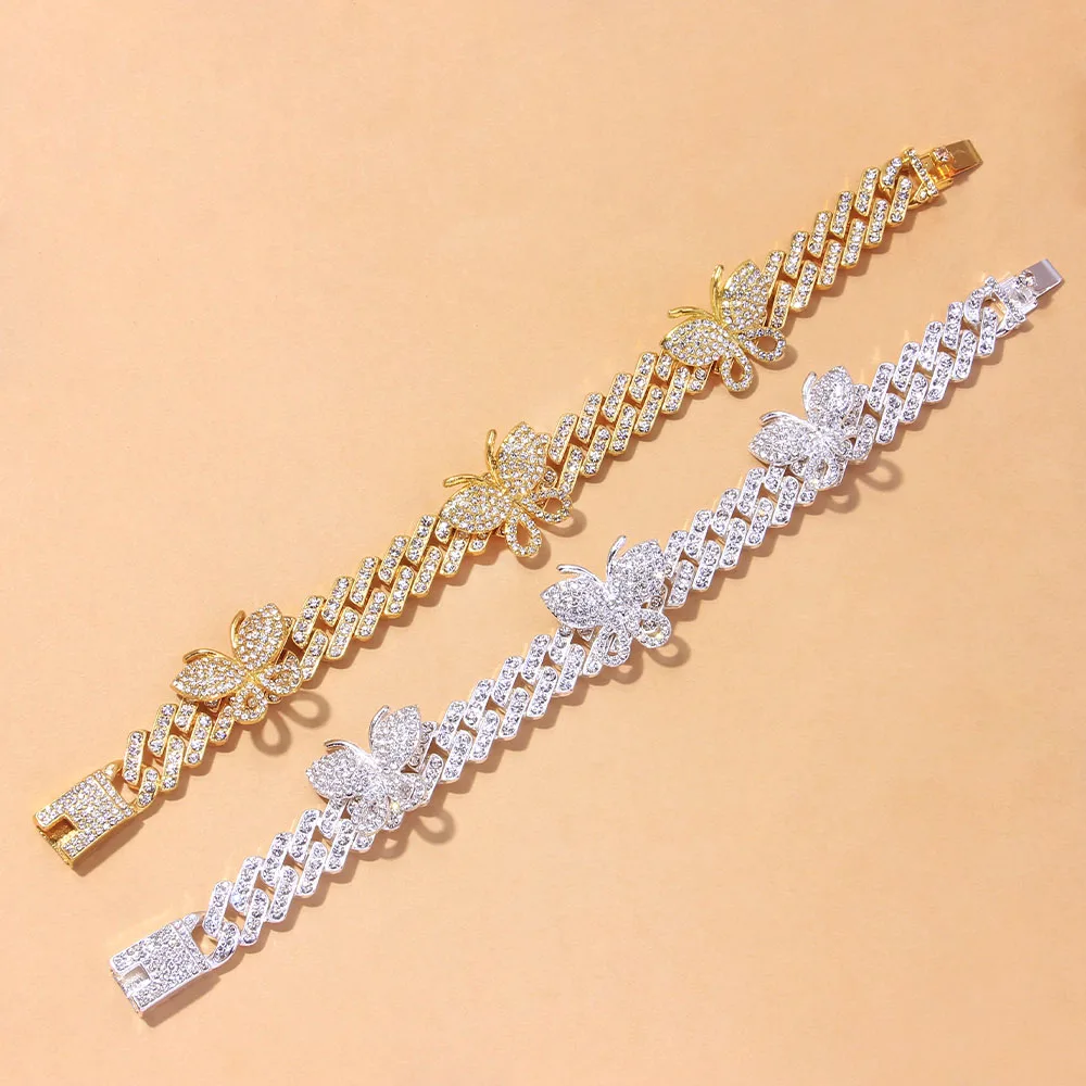 

Punk Cuban Link Butterfly Anklet Wholesale Bracelet Fashion Chunky Rhinestone Miami Sandals Iced Out Bling Anklets for Women Men