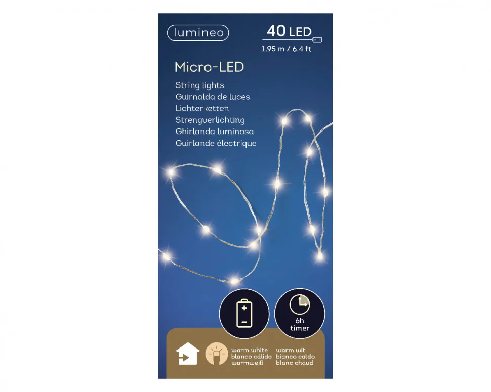 Светодиодная нить Роса 40 теплых белых LED ламп 1.95 м. на батарейках серебряный