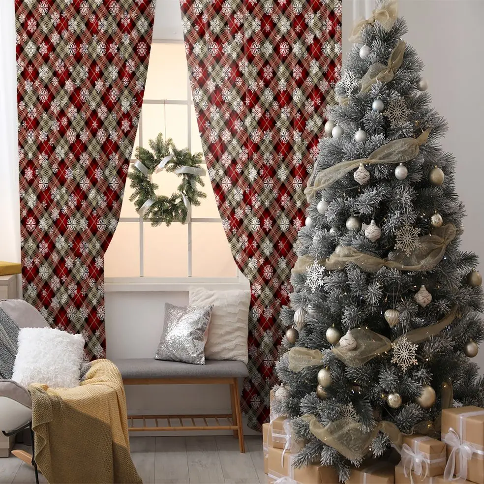 

Curtain's Snowflackes Floral Art on Diagonal Checkered Pattern Traditional Christmas Theme Printed Brown White Black