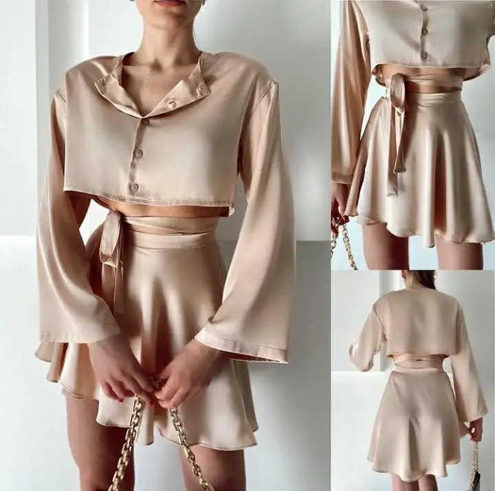 

Women's Satin Shirt and Mini Skirt Beige Satin Lace-up New Summer High Waist Asymmetrical Skirt Suit