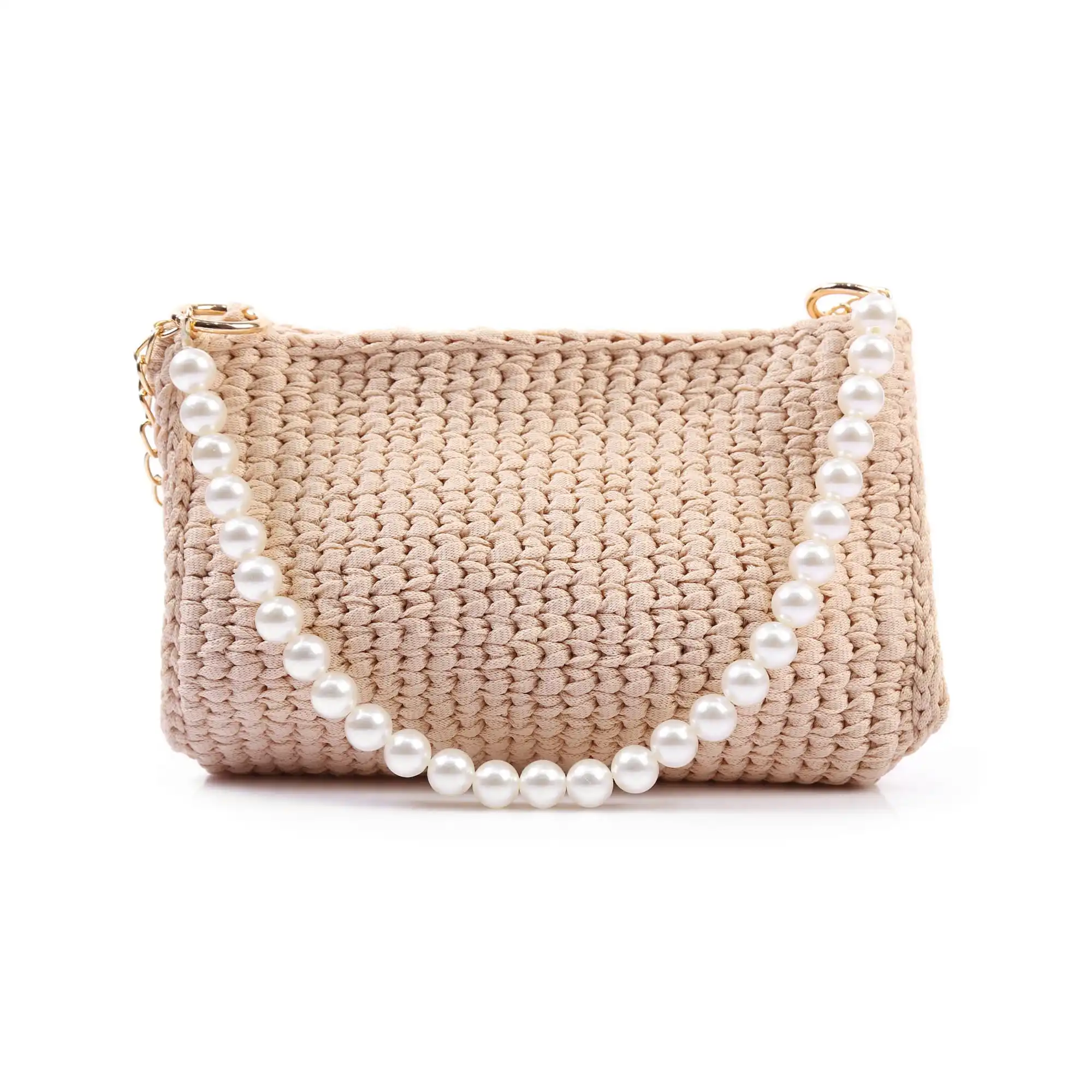 Design handcrafted knitted beige pearl bag
