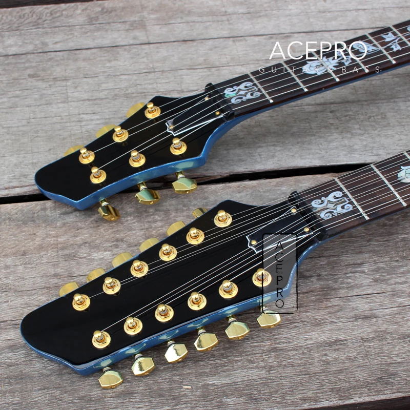 Металлическая синяя электрическая гитара Acepro с двойной шеей и корпусом из липы