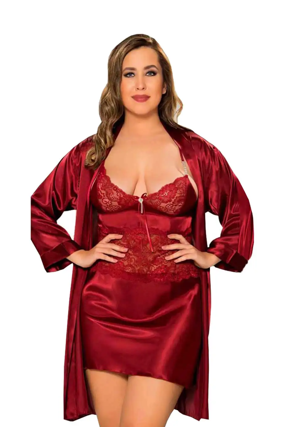 

2021 New Season Women 2'Pcs Satin Nightgown Dressing Gown Suit Ruched Nightgown Belted Dressing Gown Suit