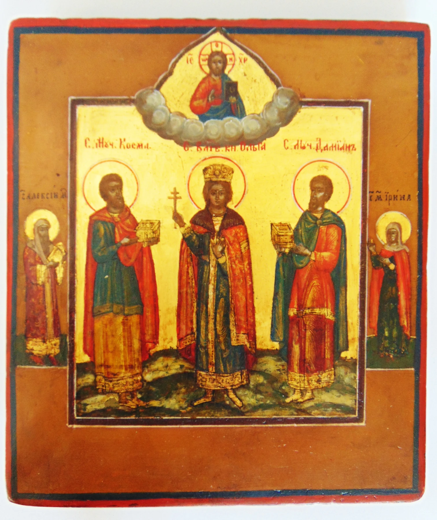 Святые Косма, Дамиан, Ольга, Алексей, Ирина. Икона: дерево, левкас, темпера, размер 15х18 см. Киот