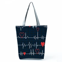 electrocardiogram grid print shoulder bags fashion simple womens bag eco portable handbags practical high capacity shopping bag