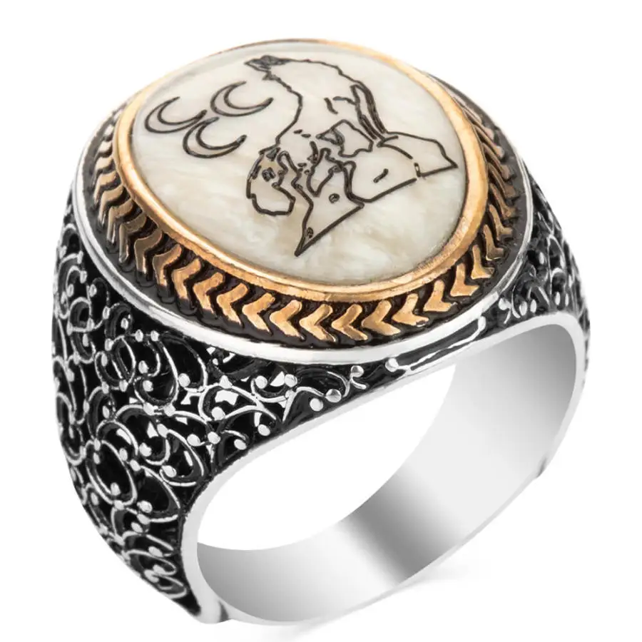 

Handmade Solid 925 Sterling Silver Wolf Moon Motif Men Sedef Oval Ottoman Style Turkish For Luxury Ring Good Quality Durable New