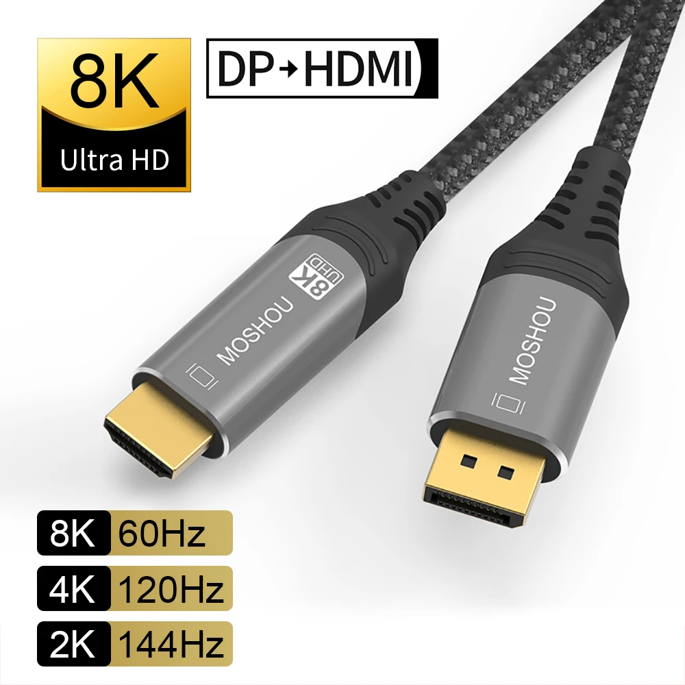DisplayPort 1.4 to HDMI 2.1 Cable 8K@60Hz 4K@120Hz Mini DP to HDMI HDR Video Cord for Amplifier TV PS4 PS5 RTX3080 NS Projector