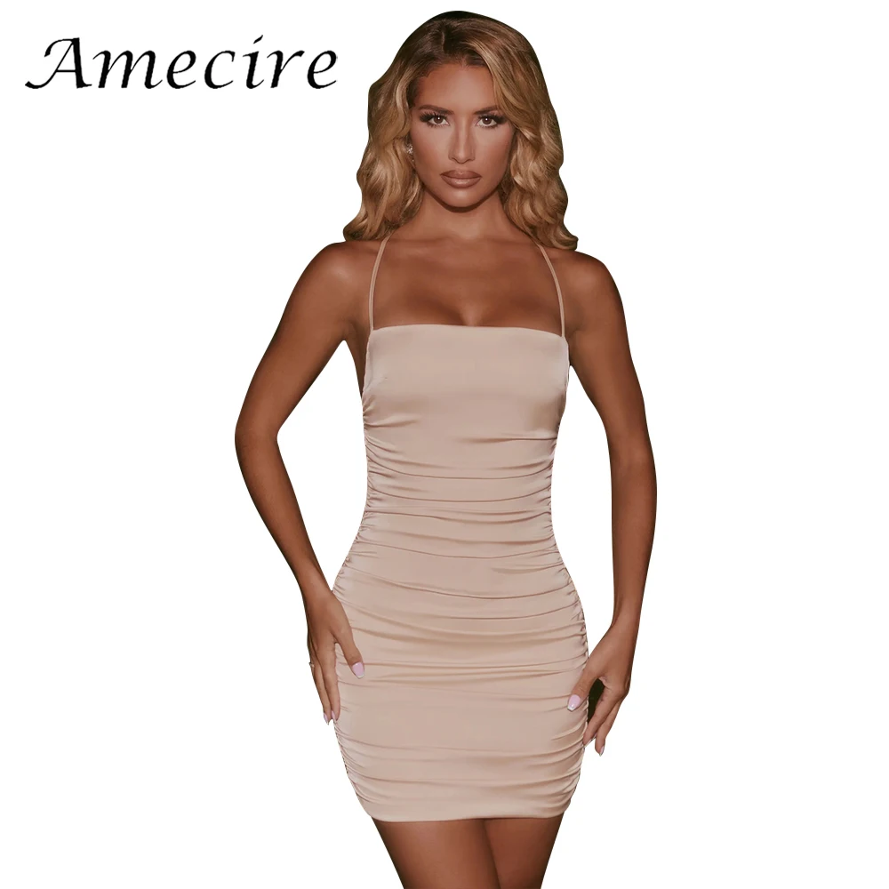

Amecire Backless Zipper Chain Sexy Outfit Clothes Ruched Lining Halter Holiday Beach Club Mini Dress Casual Women's Dresses