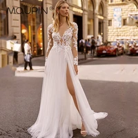 mqupin sexy cutout v neck wedding dress boho side slit lace applique vintage bride gowns long sleeve tulle a line sweep a53