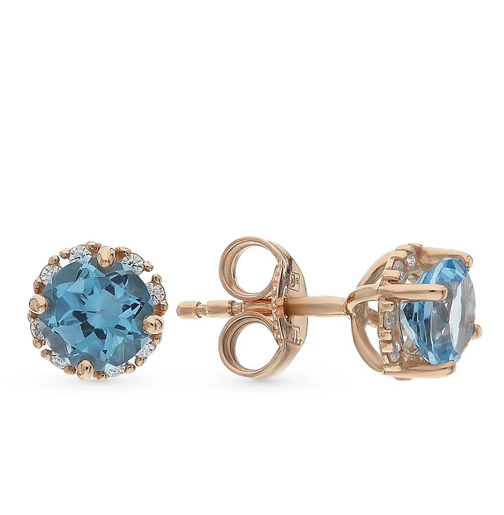 Золотые серьги с топазами и фианитами SUNLIGHT проба 585|Серьги-гвоздики| |