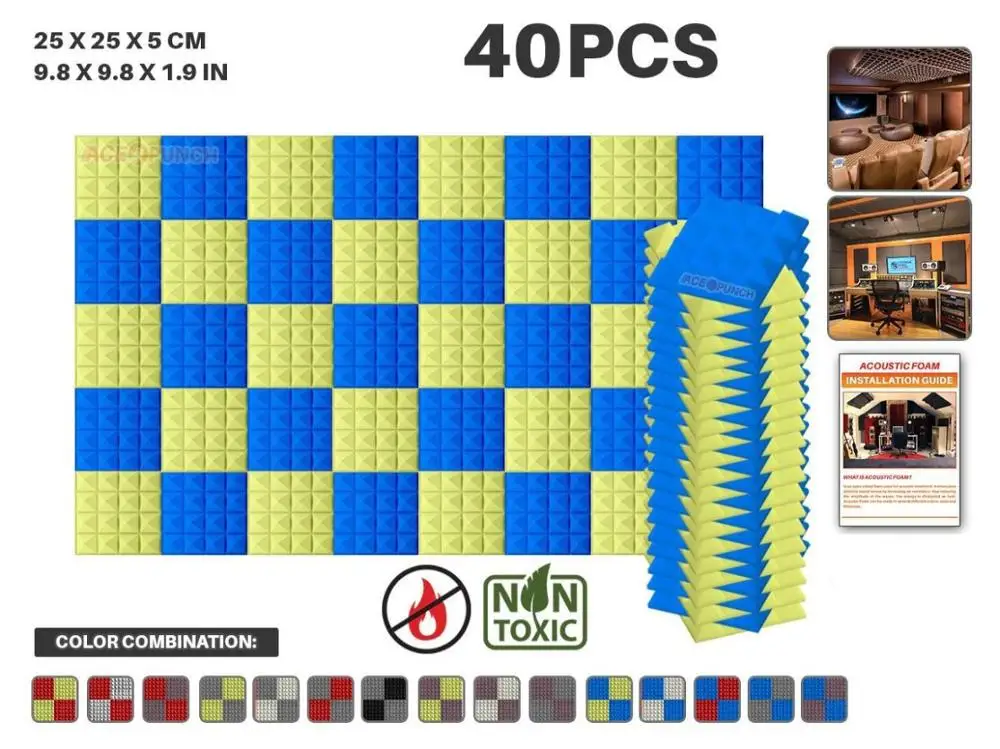Blue and Yellow Arrowzoom 40 шт. в упаковке цветная комбинация 9," x 9,8" x 1," Пирамида плитка студия Звукопоглощающая Панель акустическая пена AZ1034 - Цвет: Blue and Yellow
