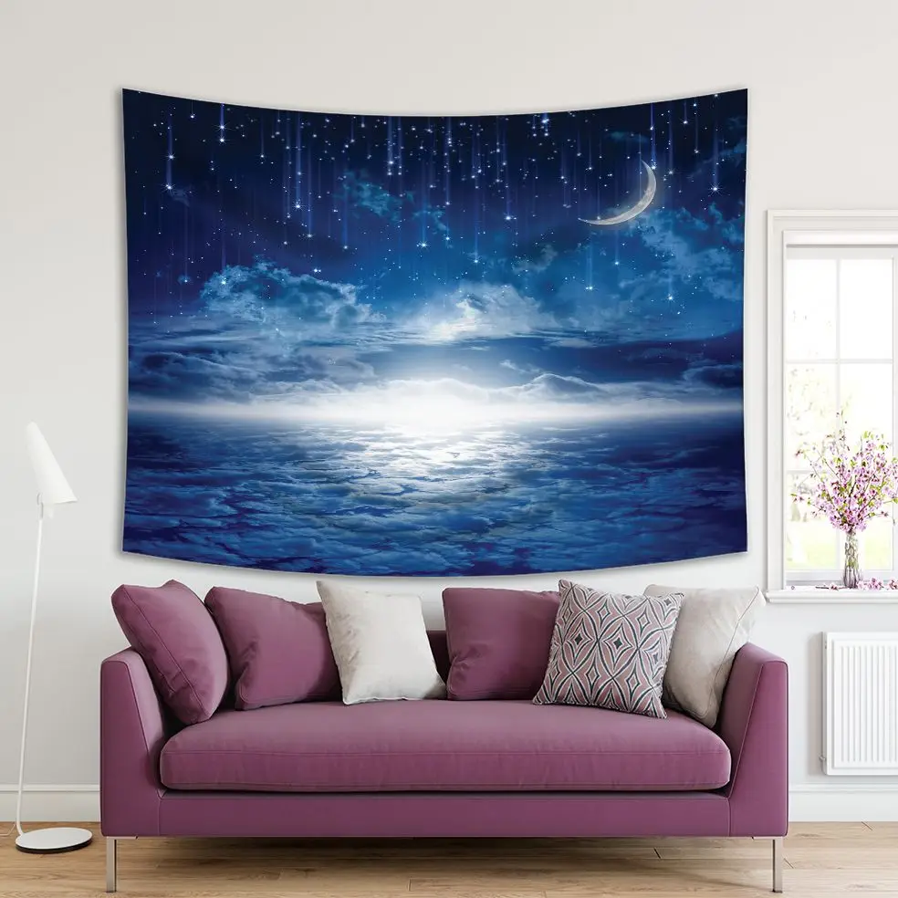 

Tapestry New Moon Stars Clouds Glowing Horizon Astrology Nature Mystrical Dreamy Scenery Art Printed Blue White