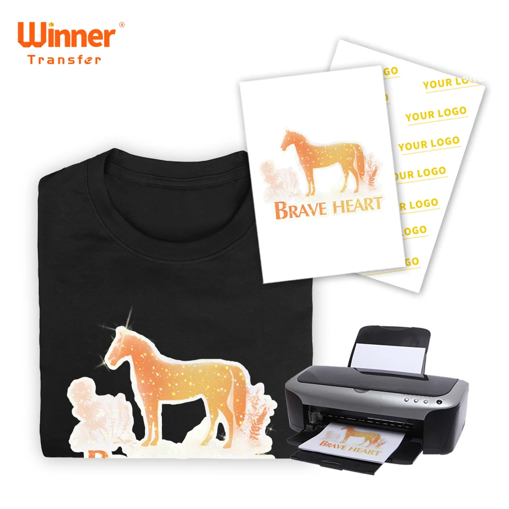 

Winner Transfer Manufacturer Supply No Fading Glitter Heat Transfer Paper for T Shirt for Any Inkjet Printers(Gold)