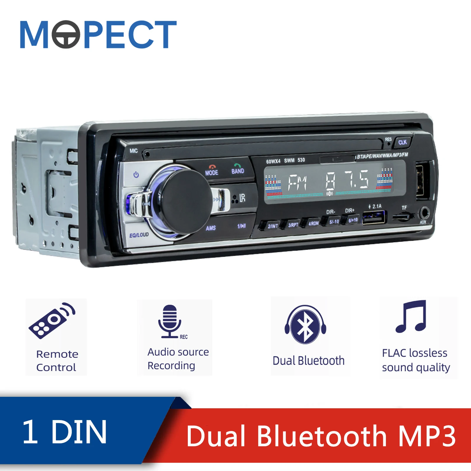 

MOPECT 1DIN Car Radio With Screen Auto Audio MP3 Player USB Dual Bluetooth FM Charger TF Card Machine Reader AUX SWC Remote