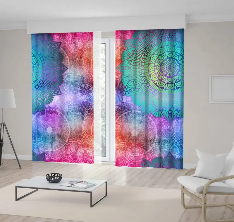 

Curtain of Mandalas Vintage Decorative Elements Oriental Motifs Colorful Ethnic Artwork Blue Fuchsia
