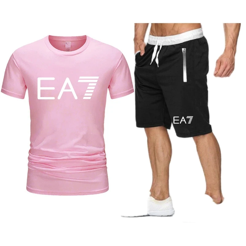 

2021 new fashion printed cotton men's T-shirt + sports shorts suit sports running suit free shipping