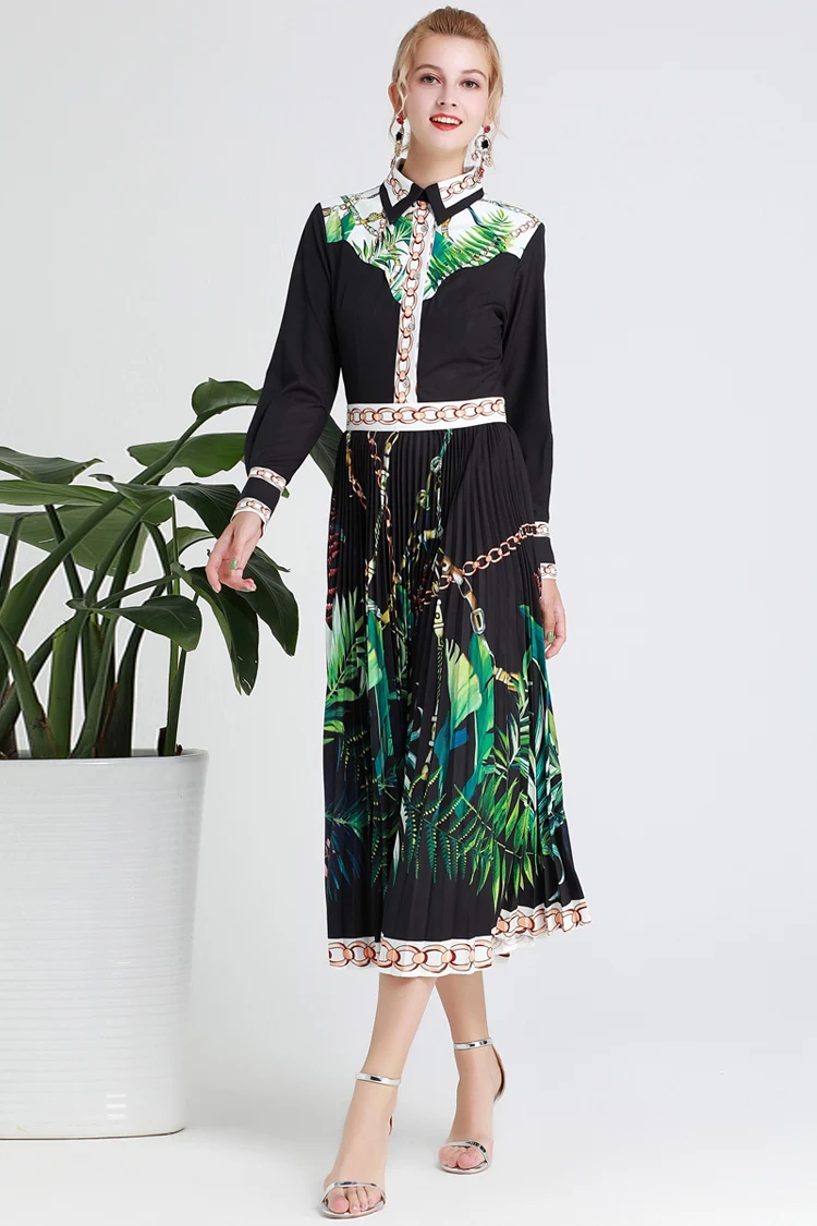 Runway Dresses Turn Down Collar Long Sleeves Printed Pleated Fashion Designer Casual Autumn | Женская одежда