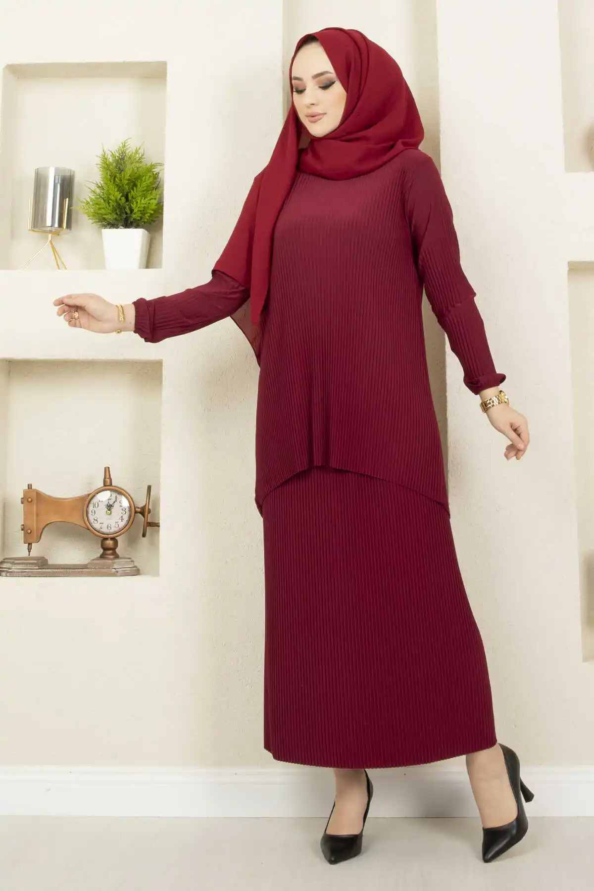 

Women Pleated Skirted Hijab Set Ramadan Summer Spring Muslim Festa Eid Mubarak Kaftan Vestidos Dubai Abaya Turkey Fashion Dres