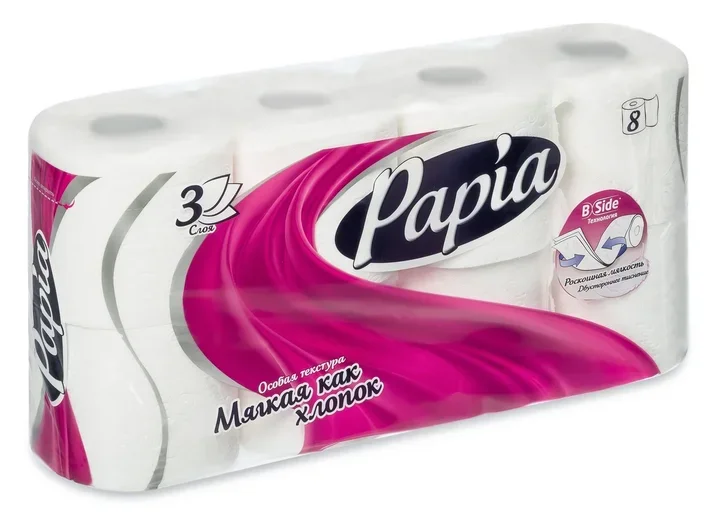 Туалетная бумага PAPIA Белая 3 слоя 8 рулонов|Бумажные столовые салфетки| |