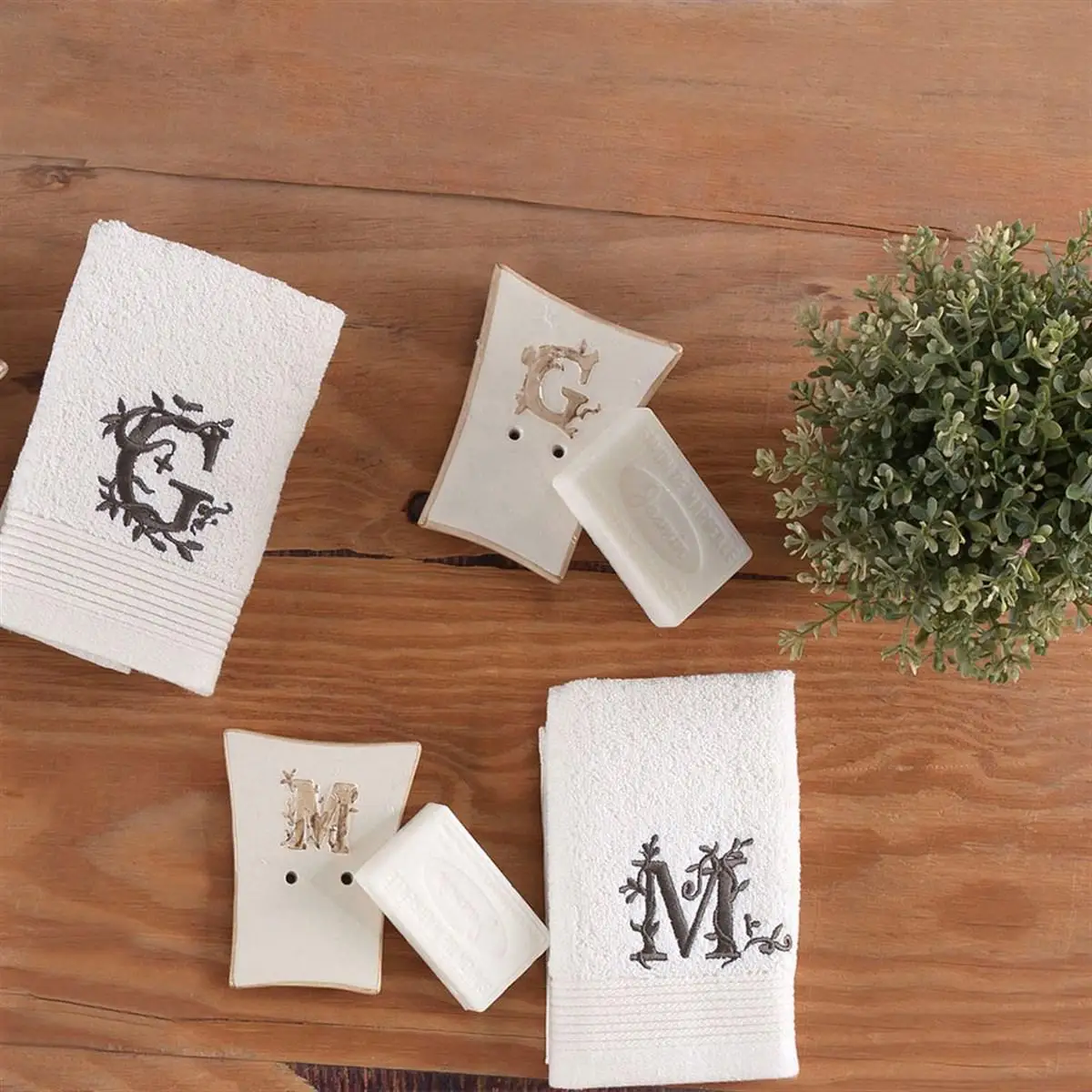 

Have your own Letter Ormanted Soap, Towel & Soap Dishes Set